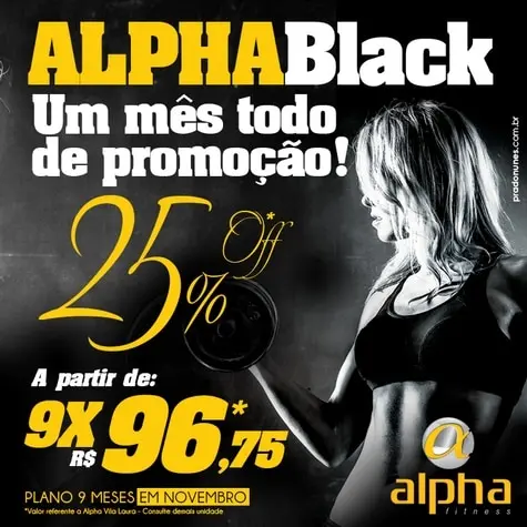 Rede Alpha Fitness antecipa Black Friday oferecendo 25% de desconto em novembro